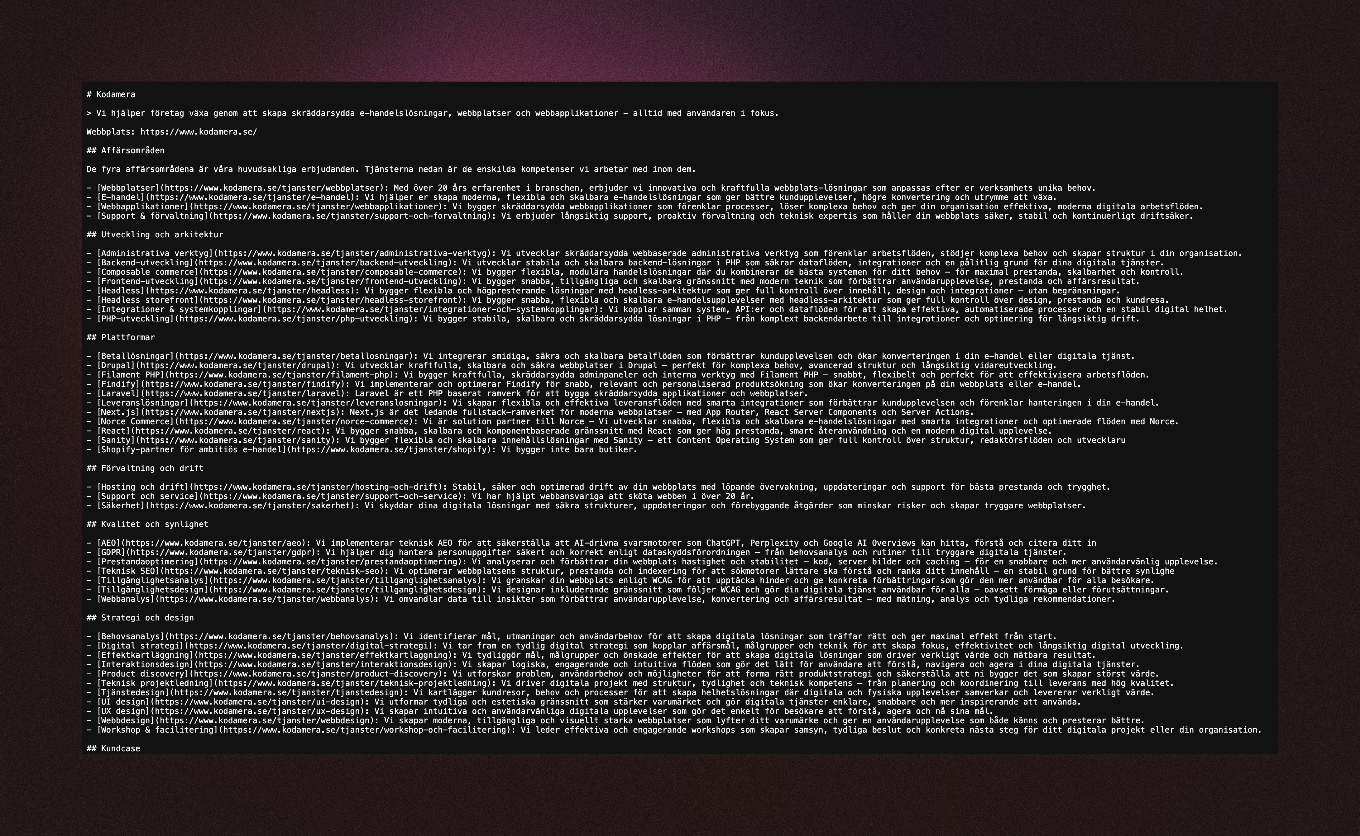 Skärmbild av Kodameras llms.txt fil