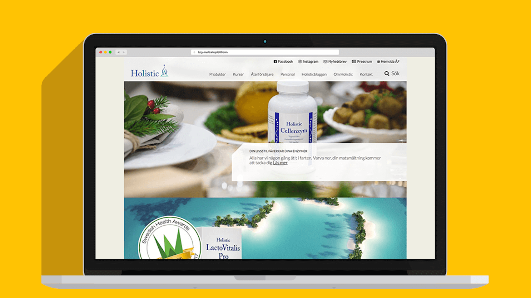 Startsidan för Holistics webbplats på en laptop med produktbilder på kosttillskott