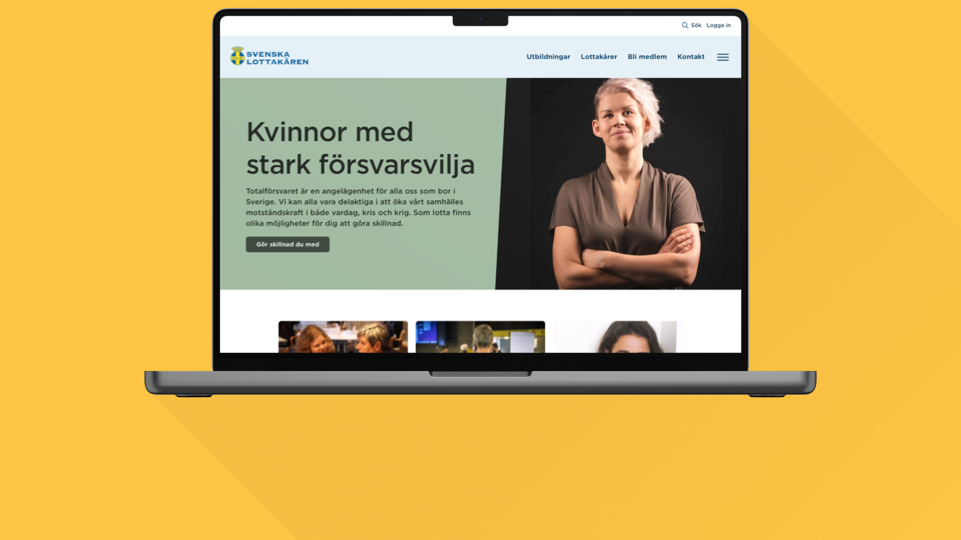 Startsidan för Svenska Lottakårens webbplats på en laptop med rubriken ”Kvinnor med stark försvarsvilja”