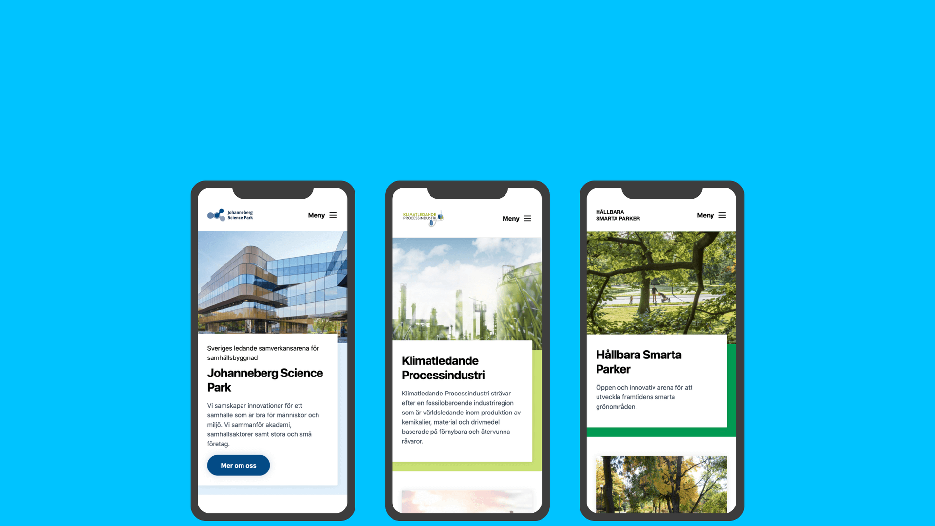Tre mobilskärmar med sidor från Johanneberg Science Park, bland annat Klimatledande Processindustri och Hållbara Smarta Parker