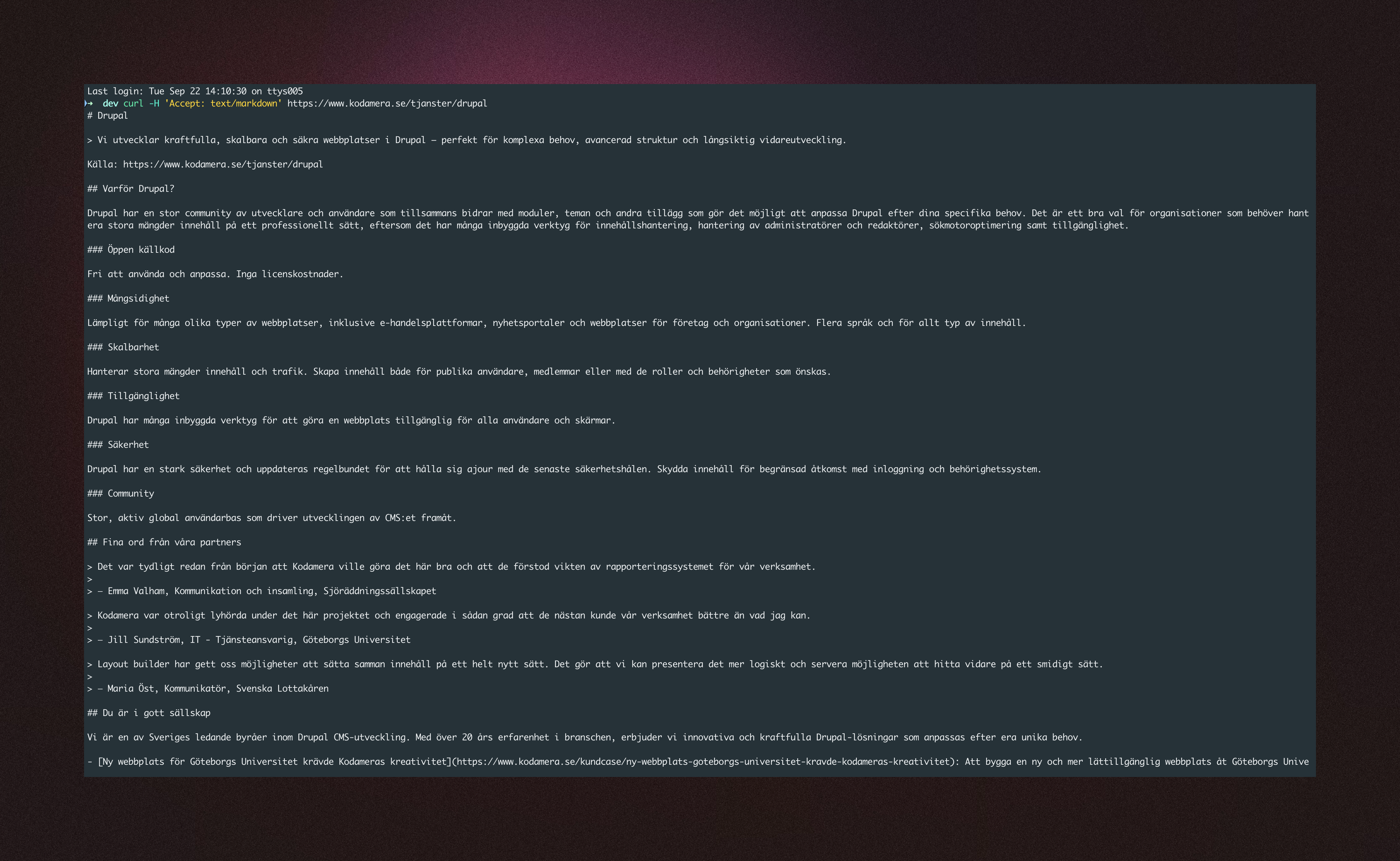 Terminalfönster där en sida på kodamera.se hämtas som markdown med curl, och   markdown-svaret visas under kommandot