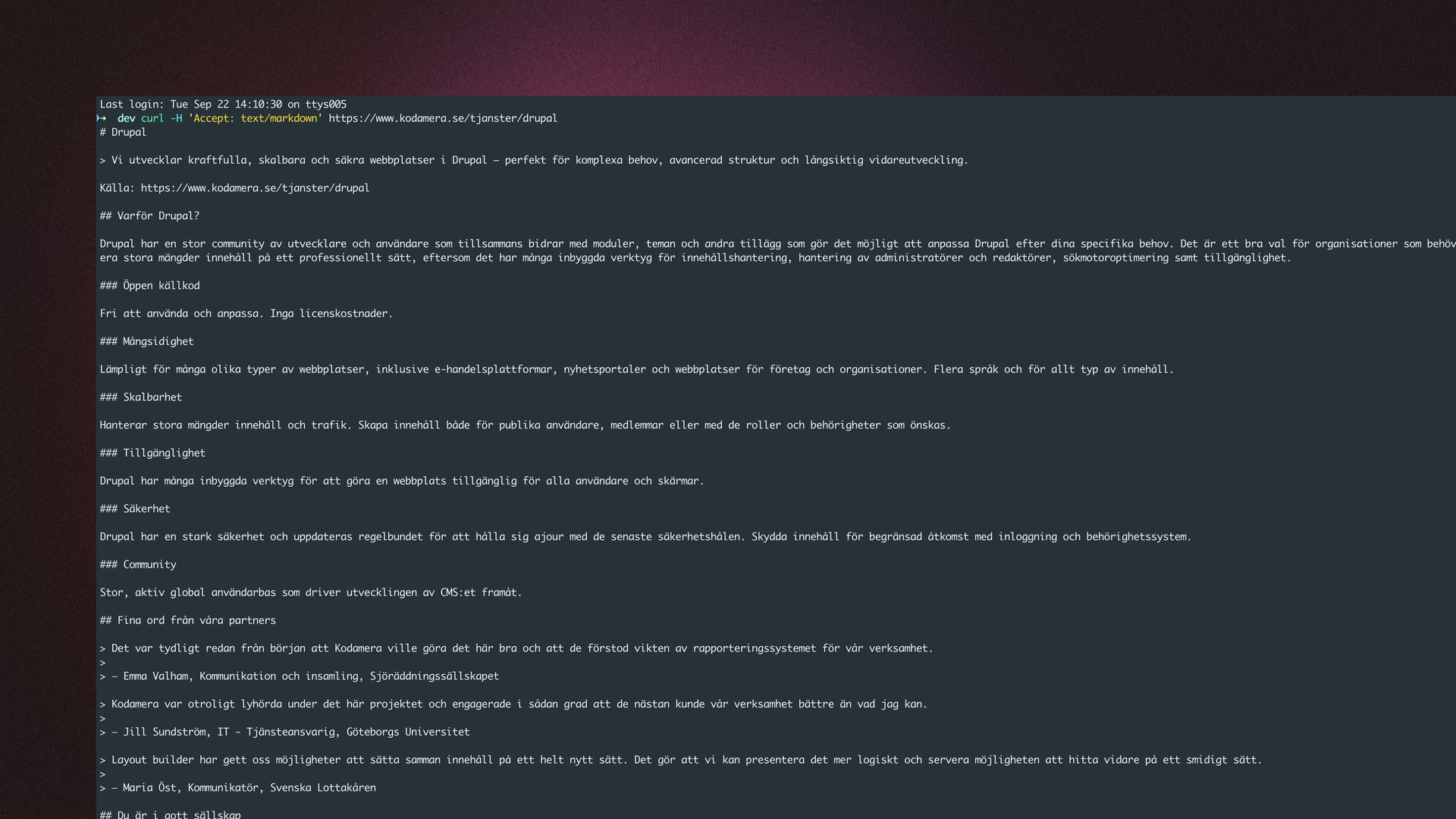 Terminalfönster där en sida på kodamera.se hämtas som markdown med curl, och markdown-svaret visas under kommandot