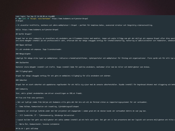 Terminalfönster där en sida på kodamera.se hämtas som markdown med curl, och markdown-svaret visas under kommandot