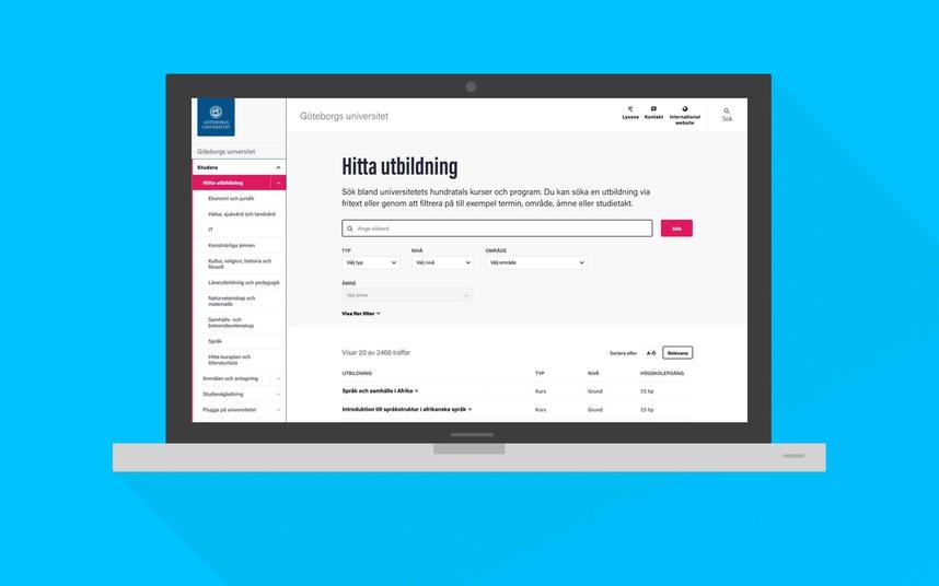 Sökgränssnitt för hitta utbildning på Göteborgs Universitets webbplats