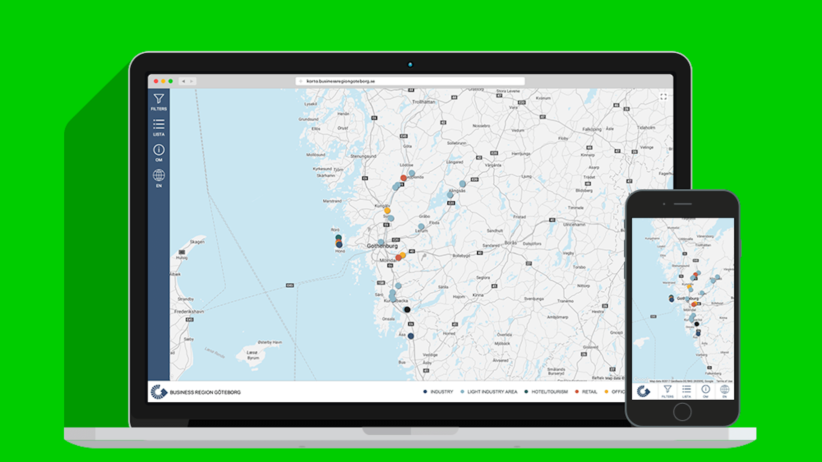 Business Region Göteborgs markdatabas med kartmarkörer över Västsverige, visad i laptop och mobil