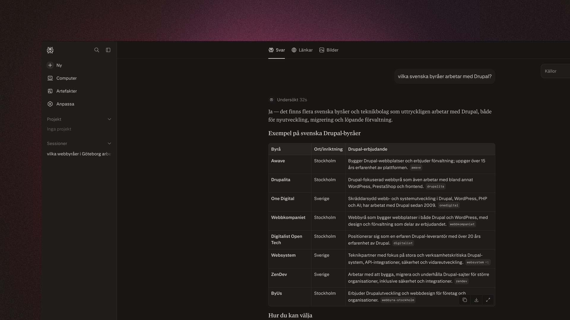 Svar från Perplexity på frågan om vilka svenska byråer som arbetar med Drupal, med byråerna listade i en tabell