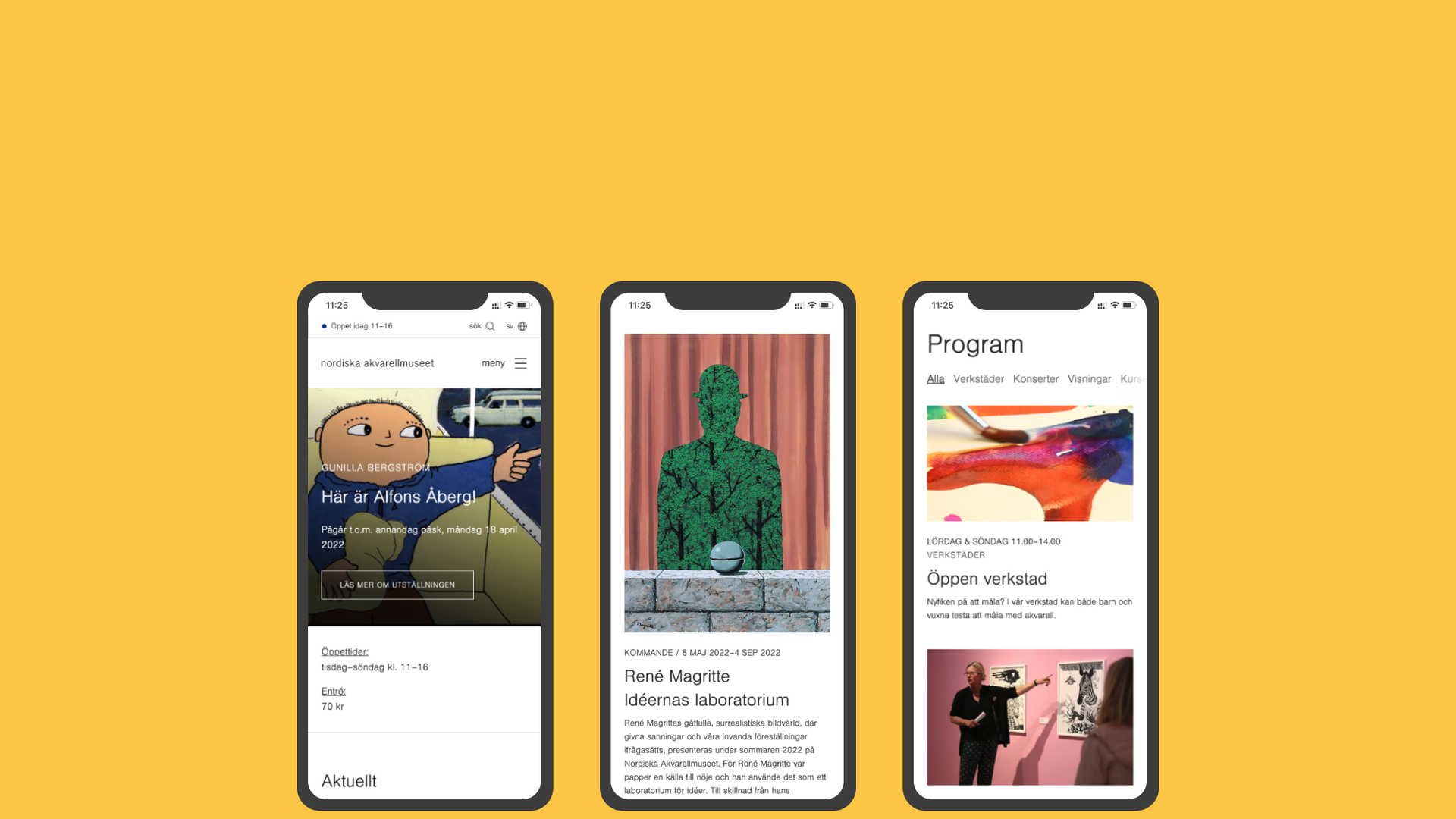 Tre mobiler som visar Nordiska akvarellmuseets webbplats med utställningar och program