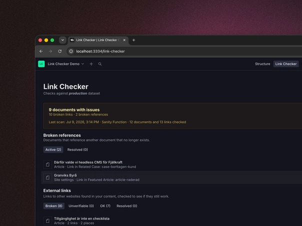 Rapportsidan för verktyget link checker i Sanity Studio