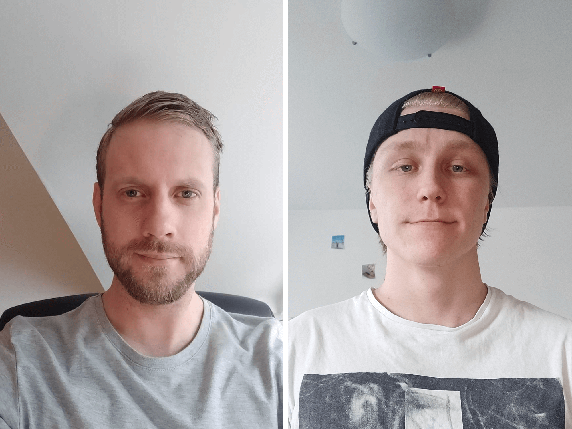 Två porträtt sida vid sida av två unga män i t-shirt