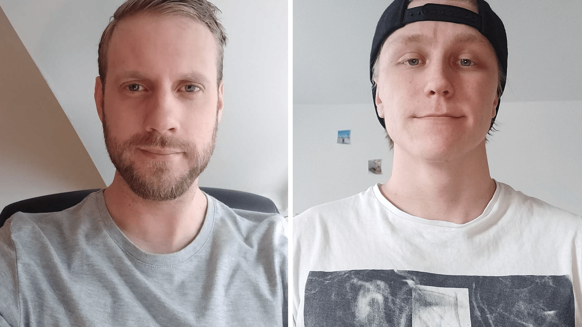 Två porträtt sida vid sida av två unga män i t-shirt