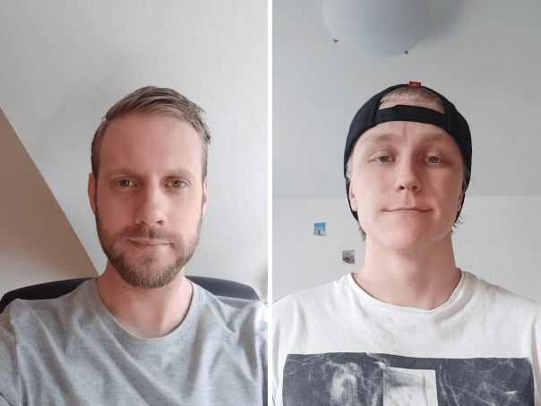 Två porträtt sida vid sida av två unga män i t-shirt
