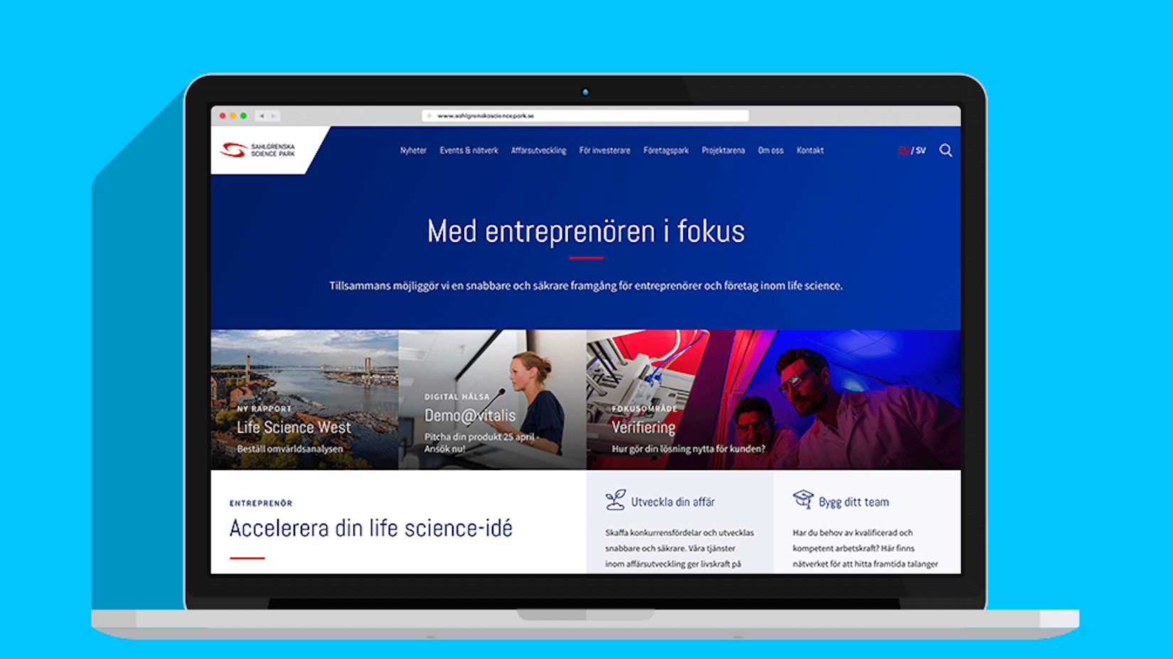 Startsidan för Sahlgrenska Science Parks webbplats med rubriken Med entreprenören i fokus, visad på en bärbar dator