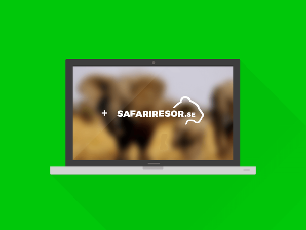 Bärbar dator med Safariresor.se:s logotyp över en suddig bild av elefanter