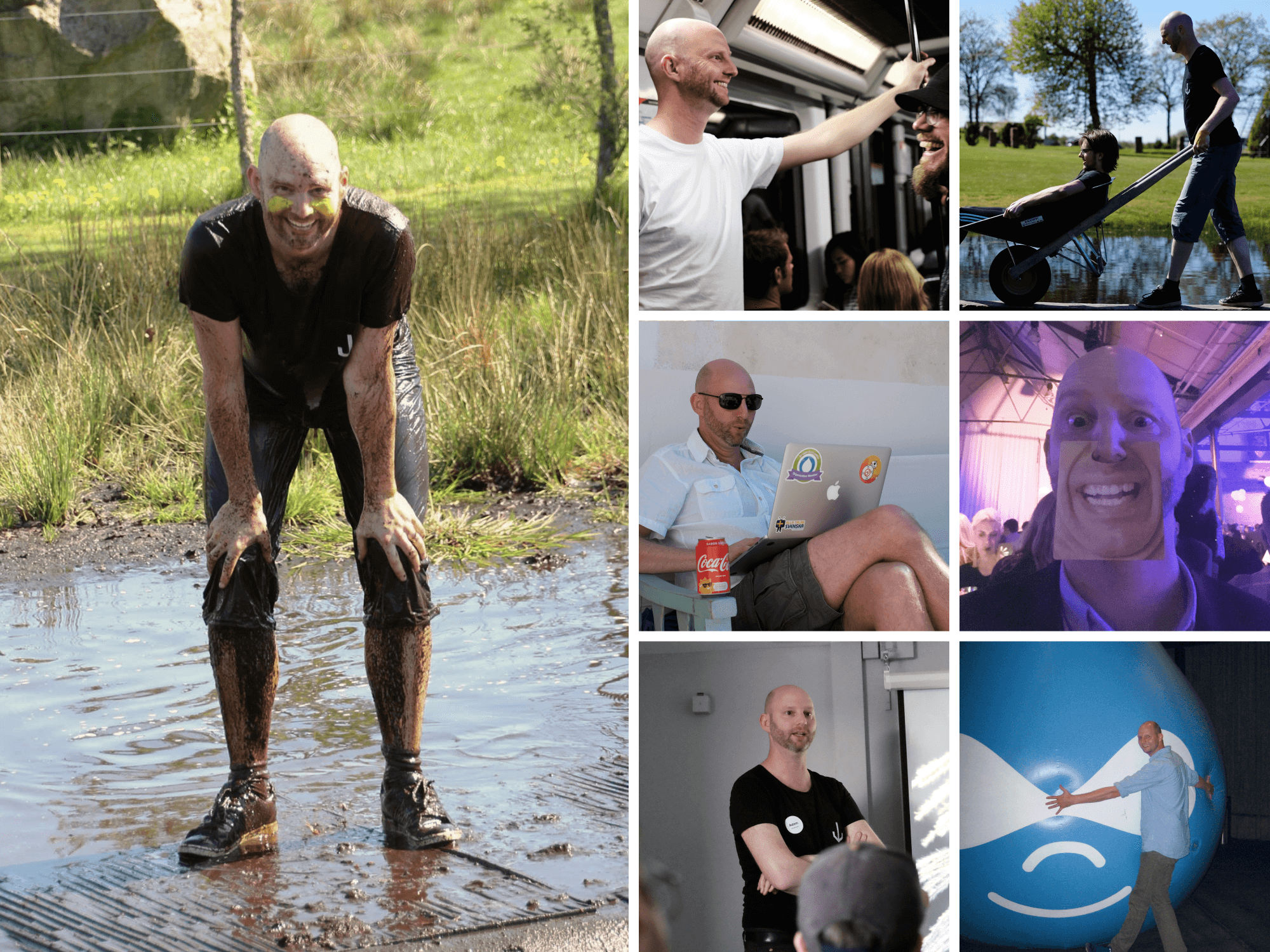 Collage av 7 bilder på Kodameras medarbetare Adam Evertsson kopplat till en artikel om hans 10 år på företaget