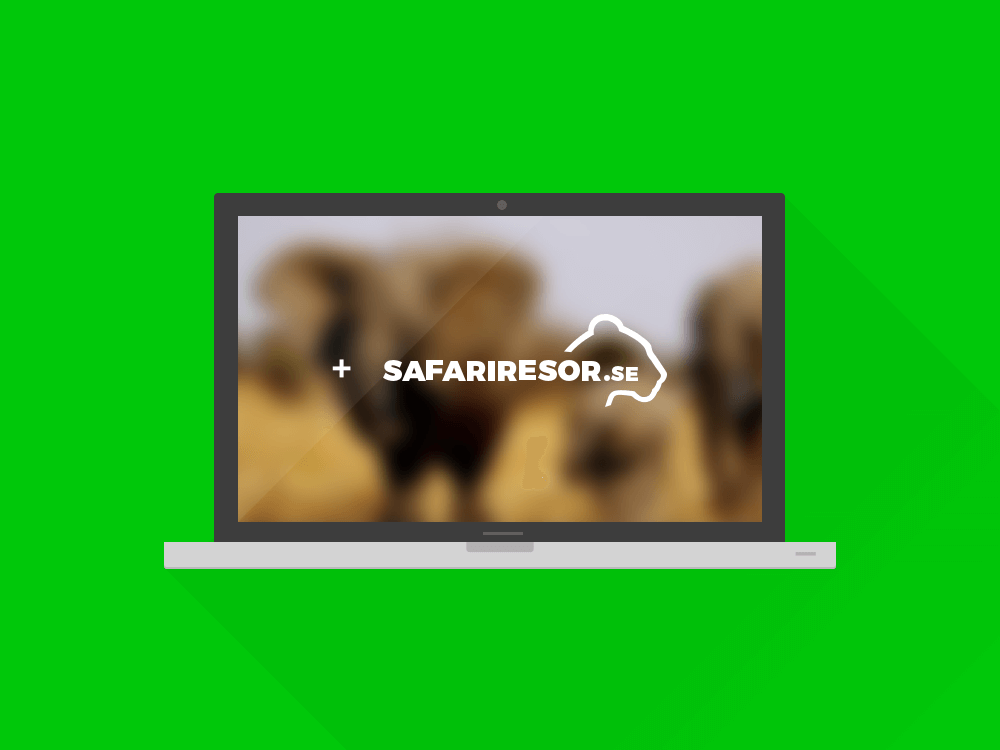 Illustration av en laptopdator med en suddig bild av elefanter med webbadressen safariresor.se ovanpå