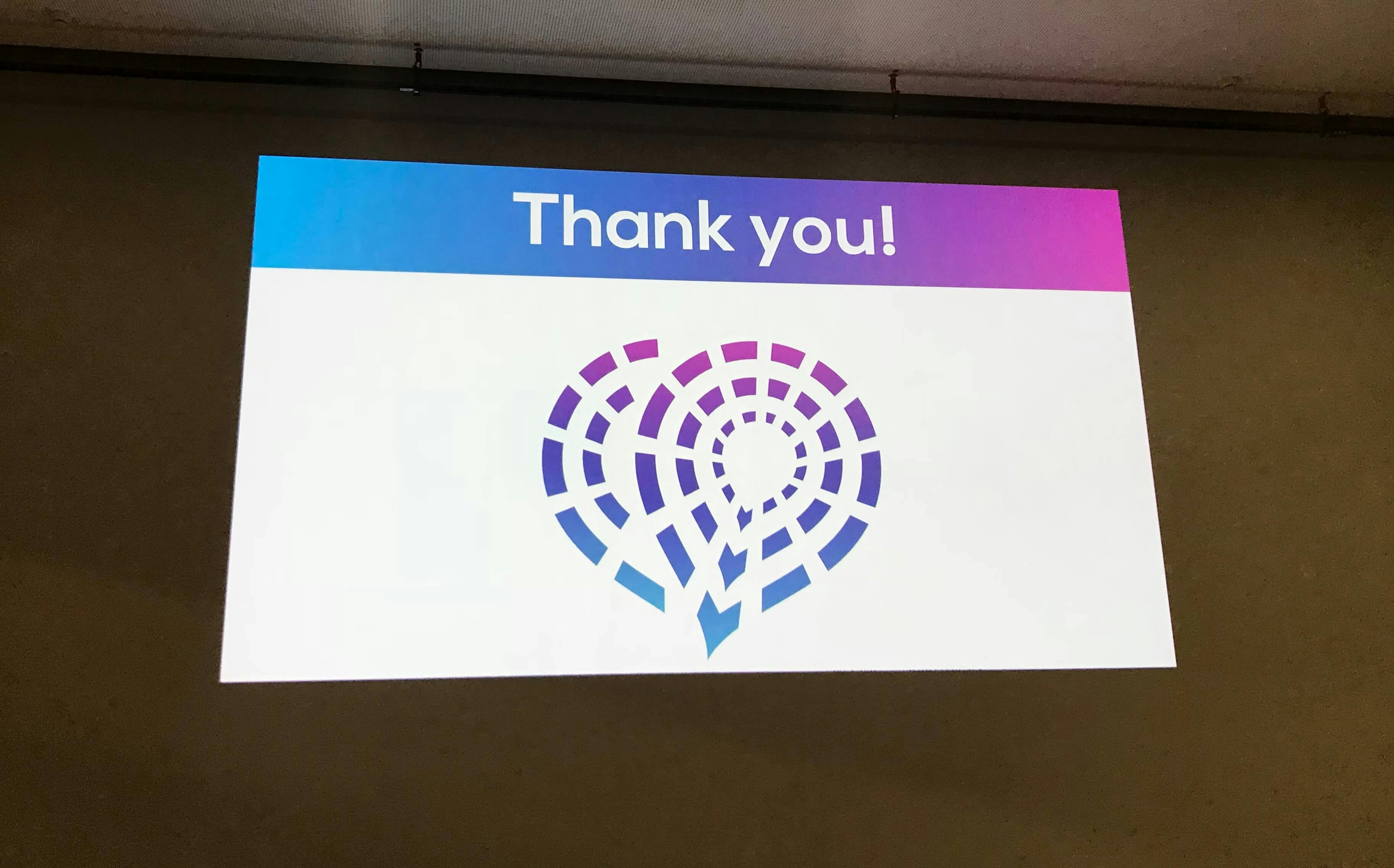 En dataskärm med texten Thank You på DrupalEurope-konferensen 2018.